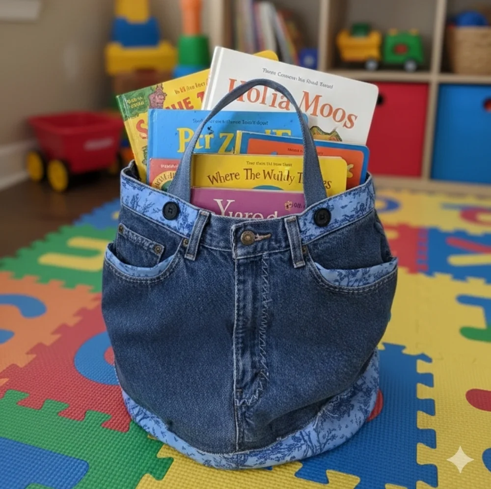 Upcycled Molly Made It Toile Jeans Storage Basket